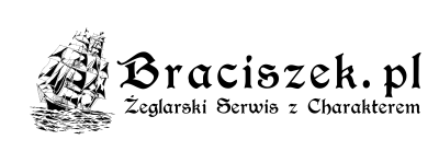 Klasyczny, czarno-biały banner - logo serwisu i napis stylizowaną czcionką: Braciszek.pl żeglarski Serwis z Charakterem